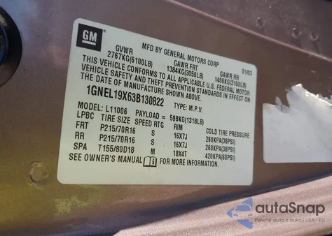 2003 Chevrolet Astro Ls из США, поврежденный, VIN 1GNEL19X63B130822